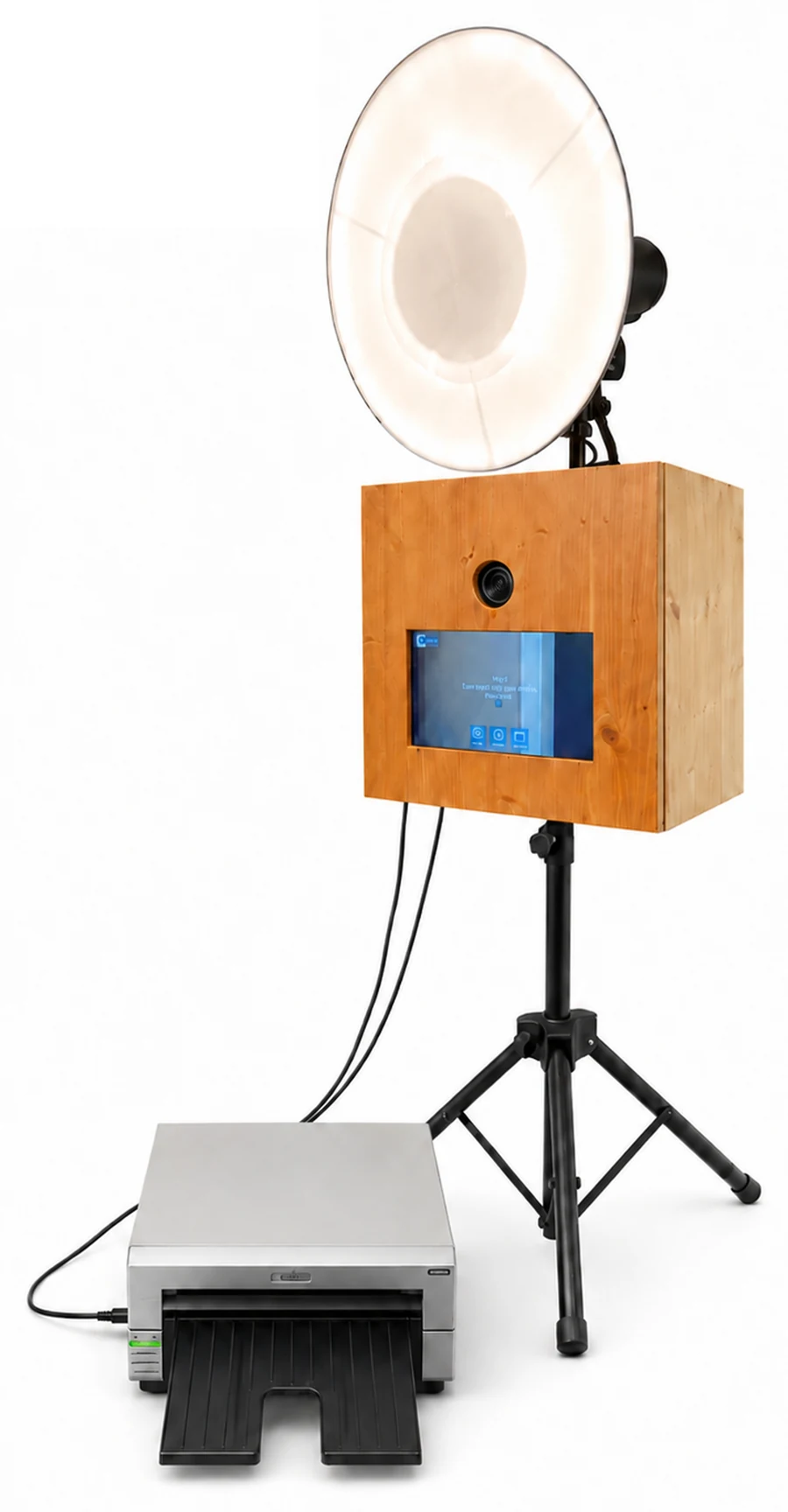 Photogala Fotobox aus Holz auf Stativ, mit Studioblitz und DNP-Fotodrucker